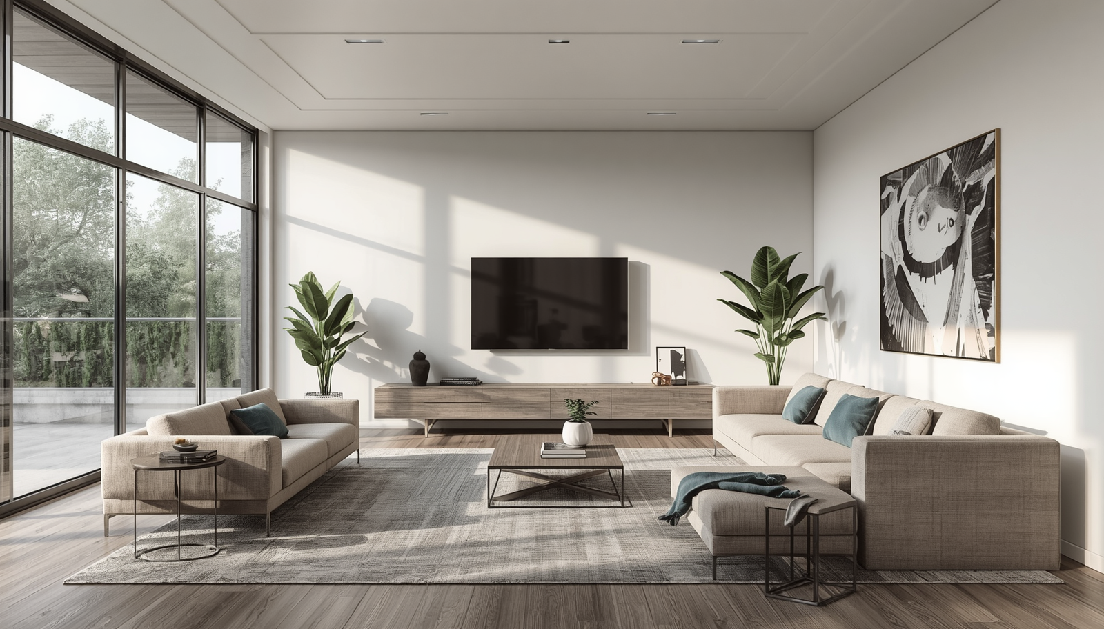 Contemporary living room with modern furniture, clean lines, neutral color palette, comfortable seating, natural light, minimalist decor (6)