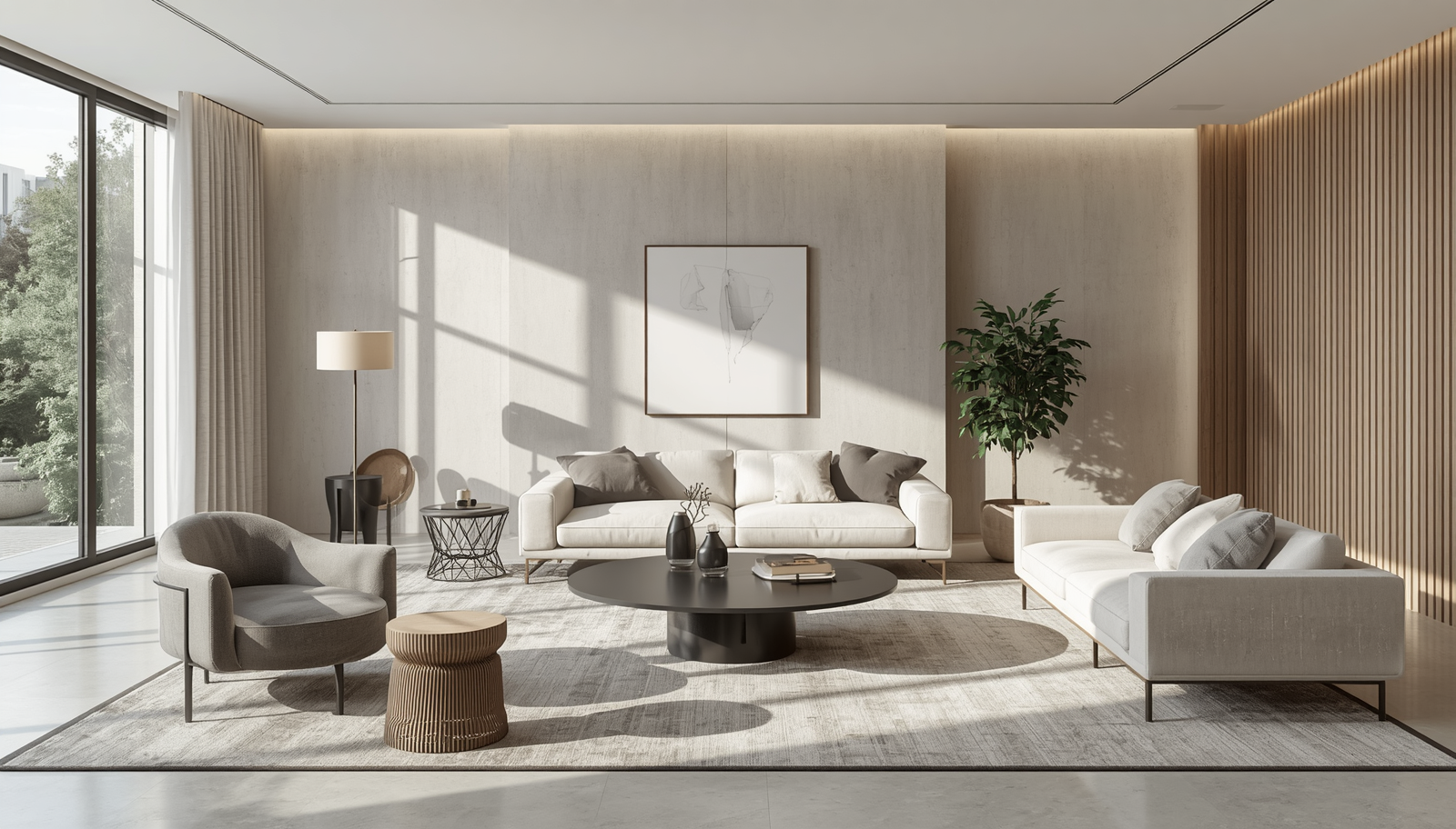 Contemporary living room with modern furniture, clean lines, neutral color palette, comfortable seating, natural light, minimalist decor (9)