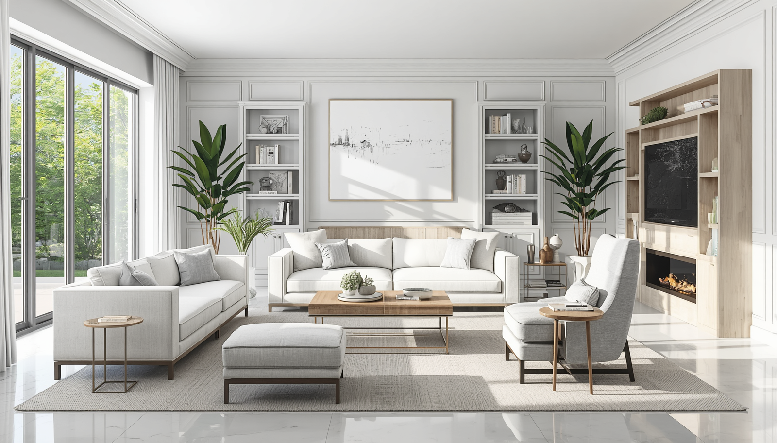 Contemporary living room with modern furniture, clean lines, neutral color palette, comfortable seating, natural light, minimalist decor (7)