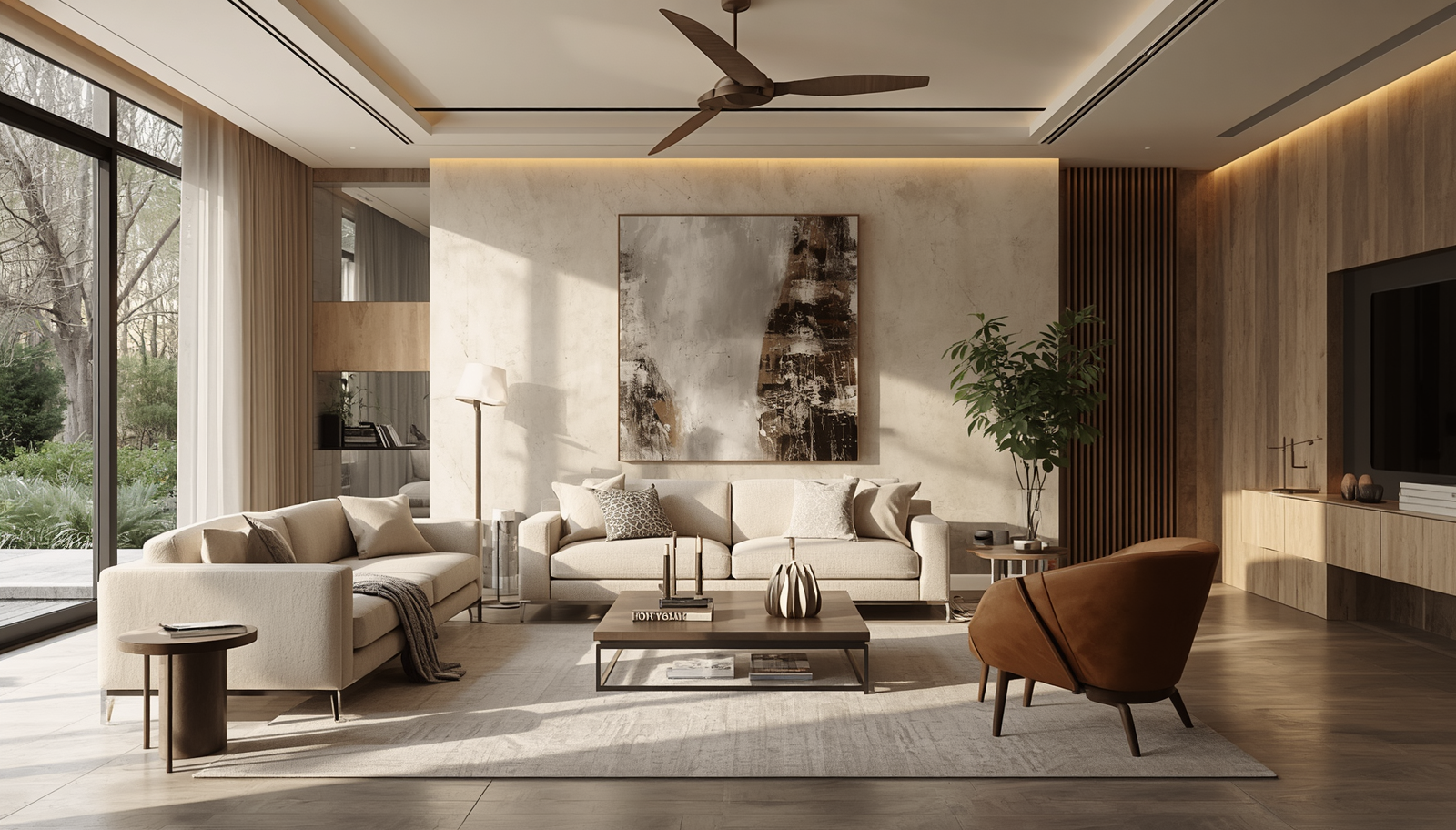 Contemporary living room with modern furniture, clean lines, neutral color palette, comfortable seating, natural light, minimalist decor (8)