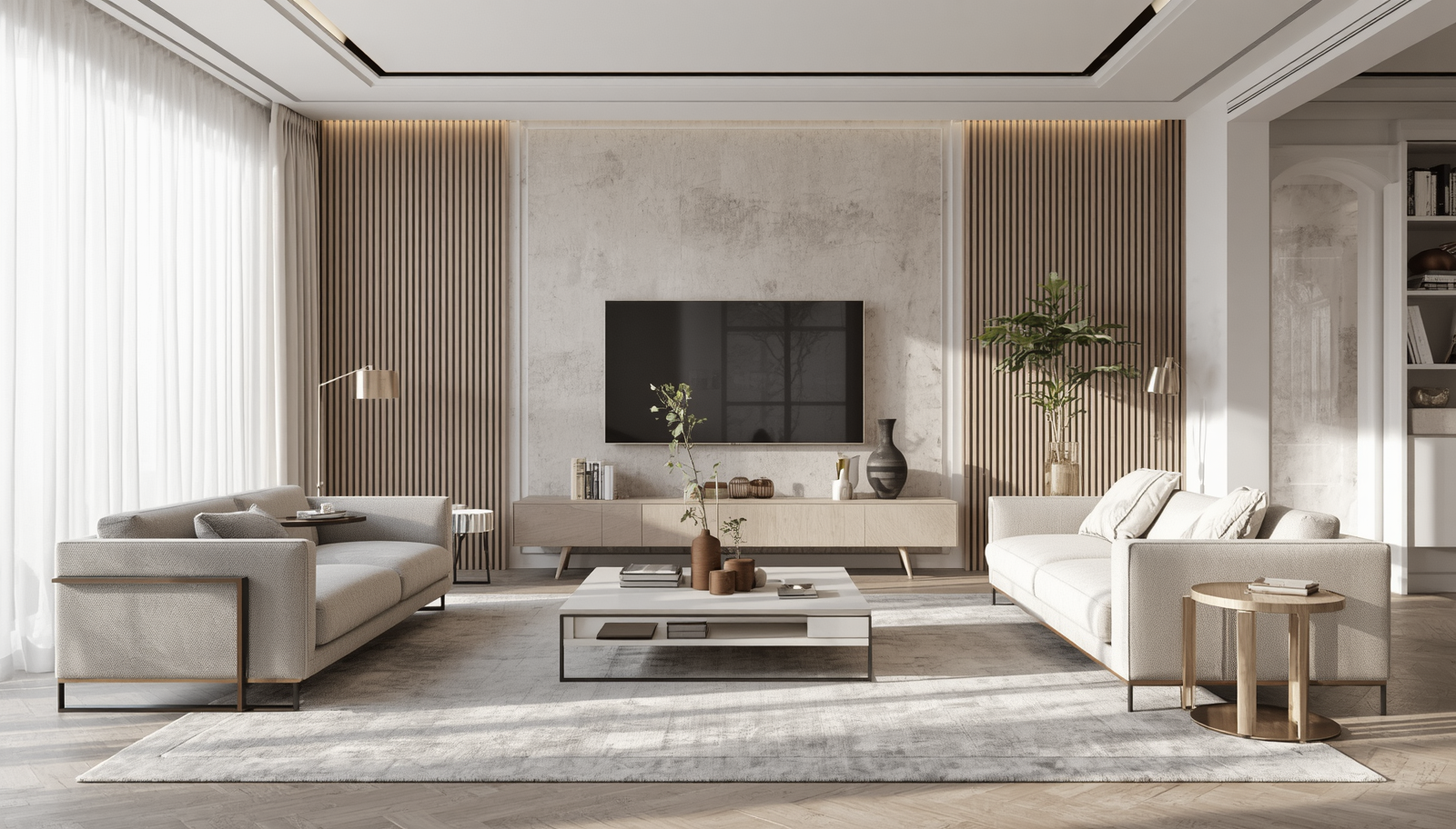 Contemporary living room with modern furniture, clean lines, neutral color palette, comfortable seating, natural light, minimalist decor (10)